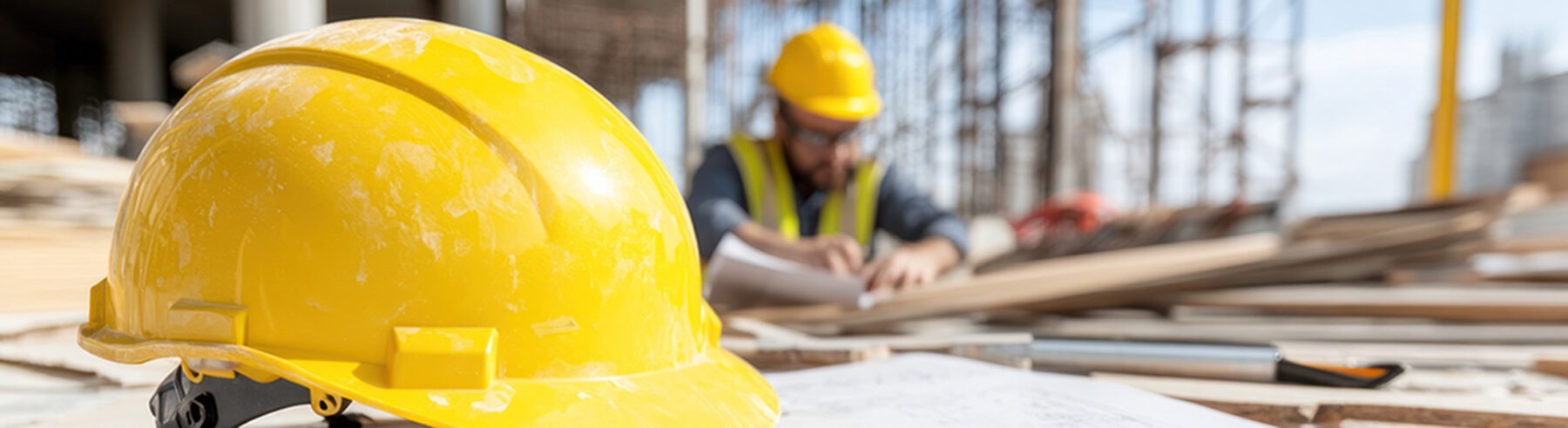 A yellow hard sitting on top of blueprints.