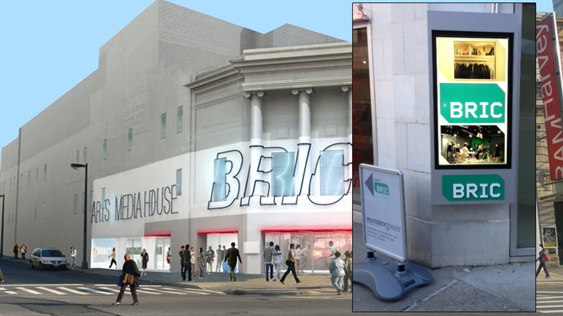 Outdoor digital signage displaying BRIC branding graphics