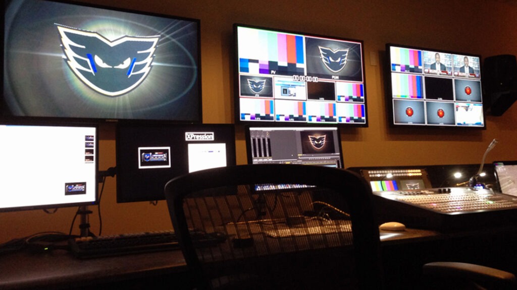 Interior of the PPL Center Control Room, with several display monitors and control boards